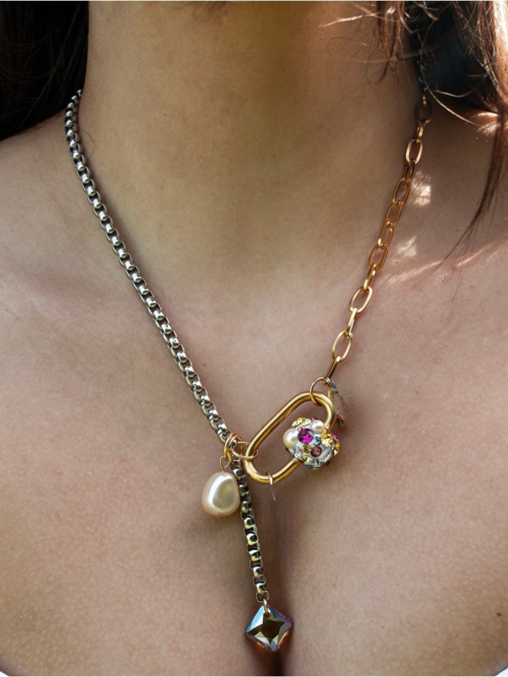 COREchaos carabiner necklace with Swarovski crystals, freshwater pearls 18-20”